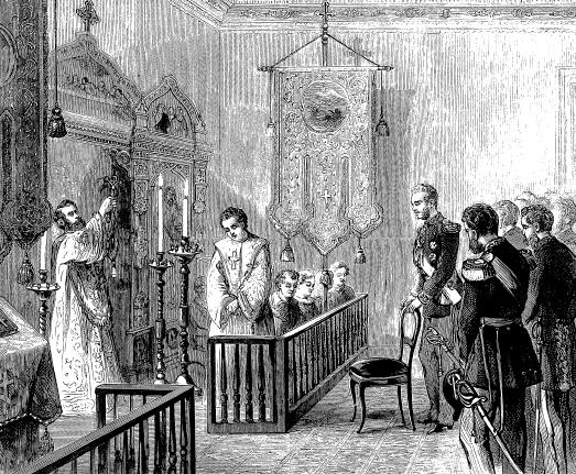 Fr. Nicholas Bjerring in his New York chapel, November 1871. Grand Duke Alexis of Russia is standing behind the chair at the right.